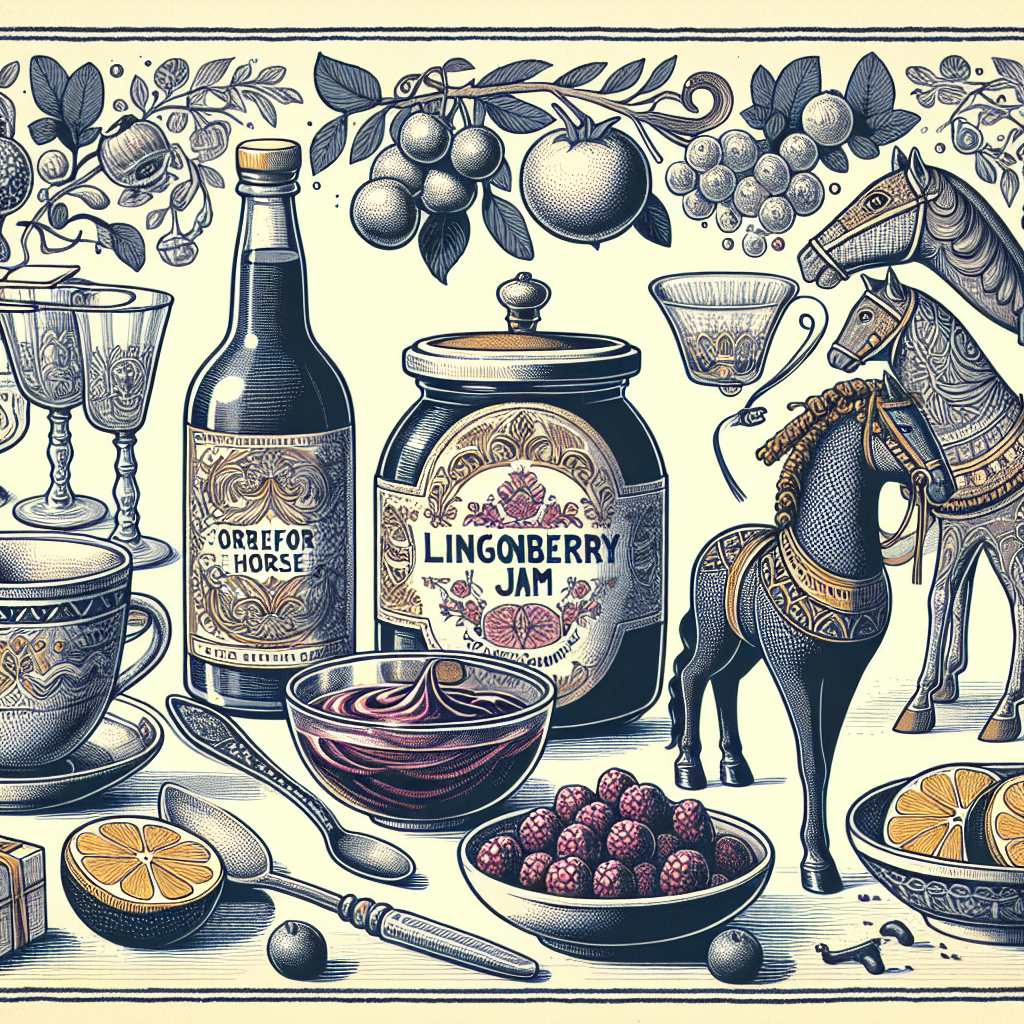 Intricate ink and watercolor illustration featuring authentic Swedish products like lingonberry jam, Dala horses, and Orrefors glassware with charming